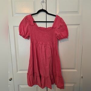 Womens Cotton/Linen Pink Smocked Puff-Sleeve Dress